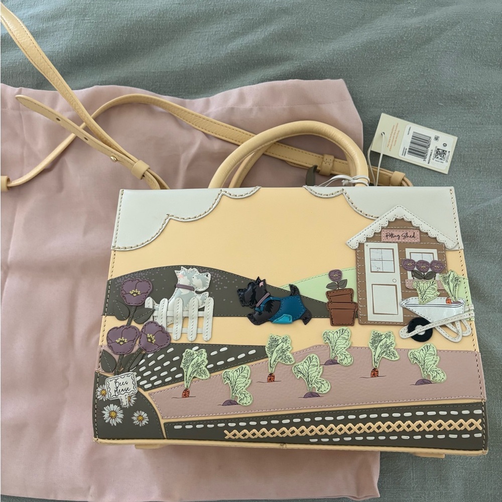 RADLEY LONDON peach + cream Luxury Satchel with Countryside westie dog Design.